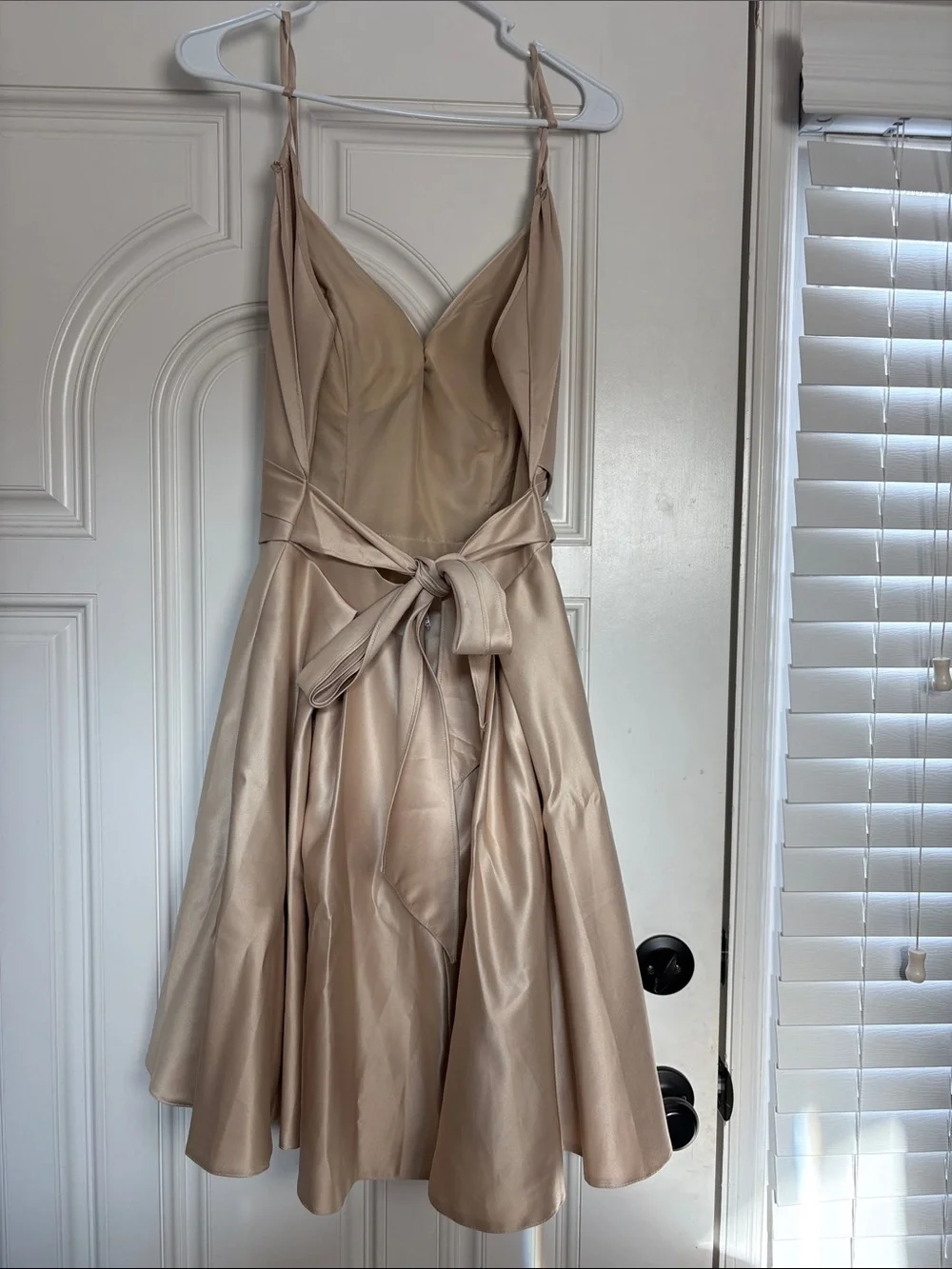 JJ's House Giulia Champagne V-Neck Spaghetti Straps Pleated Satin Dress #274654